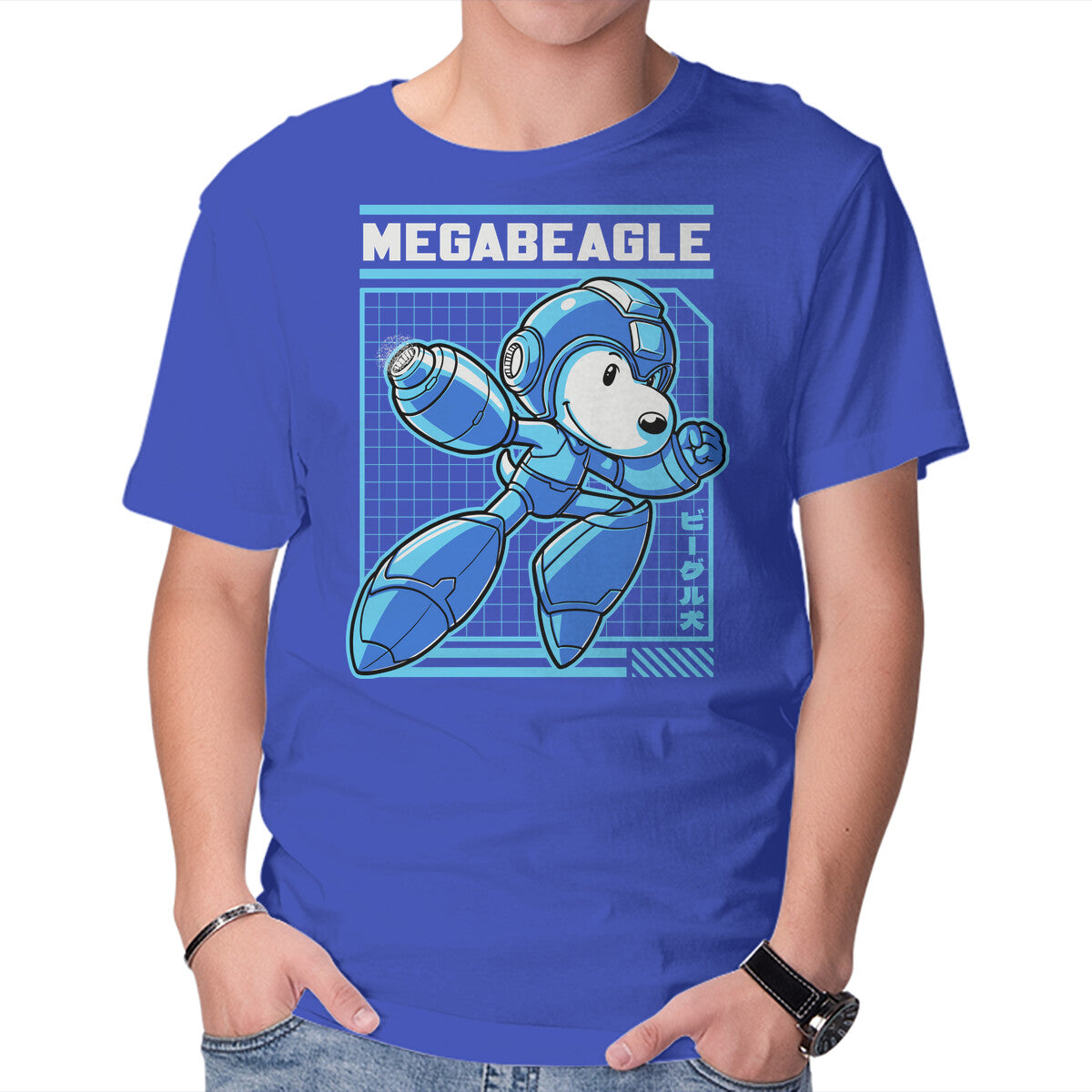 Mega Beagle Videogame – Dog Graphic T-Shirt in royal blue, product display