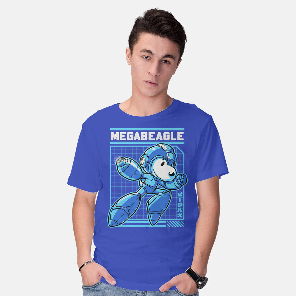 Model wearing royal blue Mega Beagle Videogame – Dog Graphic T-Shirt