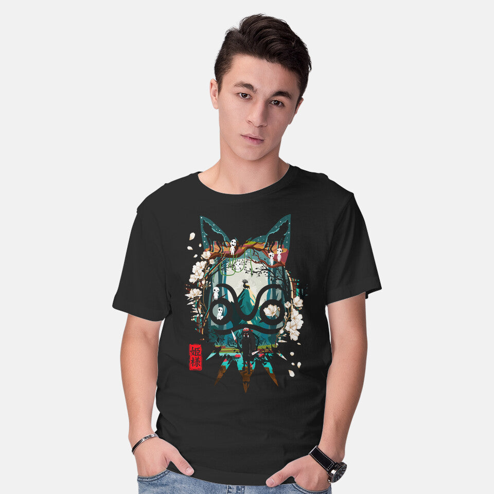 Model wearing black Princess Of The Woods – Anime Graphic T-Shirt