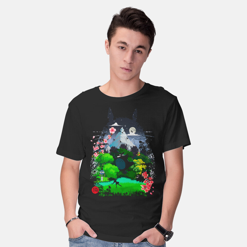 Model wearing black Neighbors And Friends – Anime Graphic T-Shirt