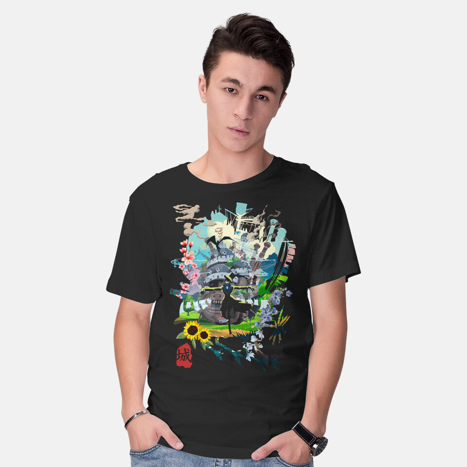 Model wearing black The Magic Castle – Anime Graphic T-Shirt