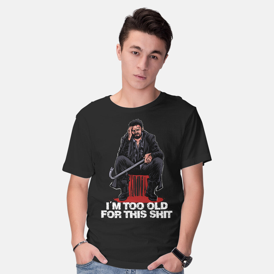 Model wearing black Butcher Is Too Old Graphic T-Shirt