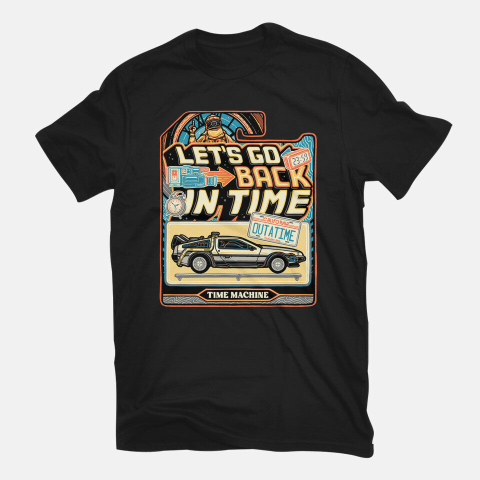 Time Machine Vehicle – Sci-Fi Graphic T-Shirt in black, flat-lay product view