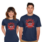 Model wearing navy Wade Academy – Movie Graphic T-Shirt