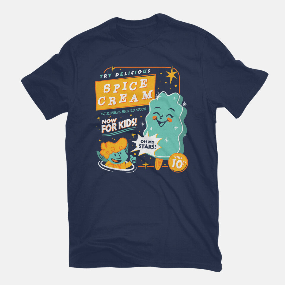 Try Delicious Spice Cream – Sci-Fi Graphic T-Shirt in navy, flat-lay product view