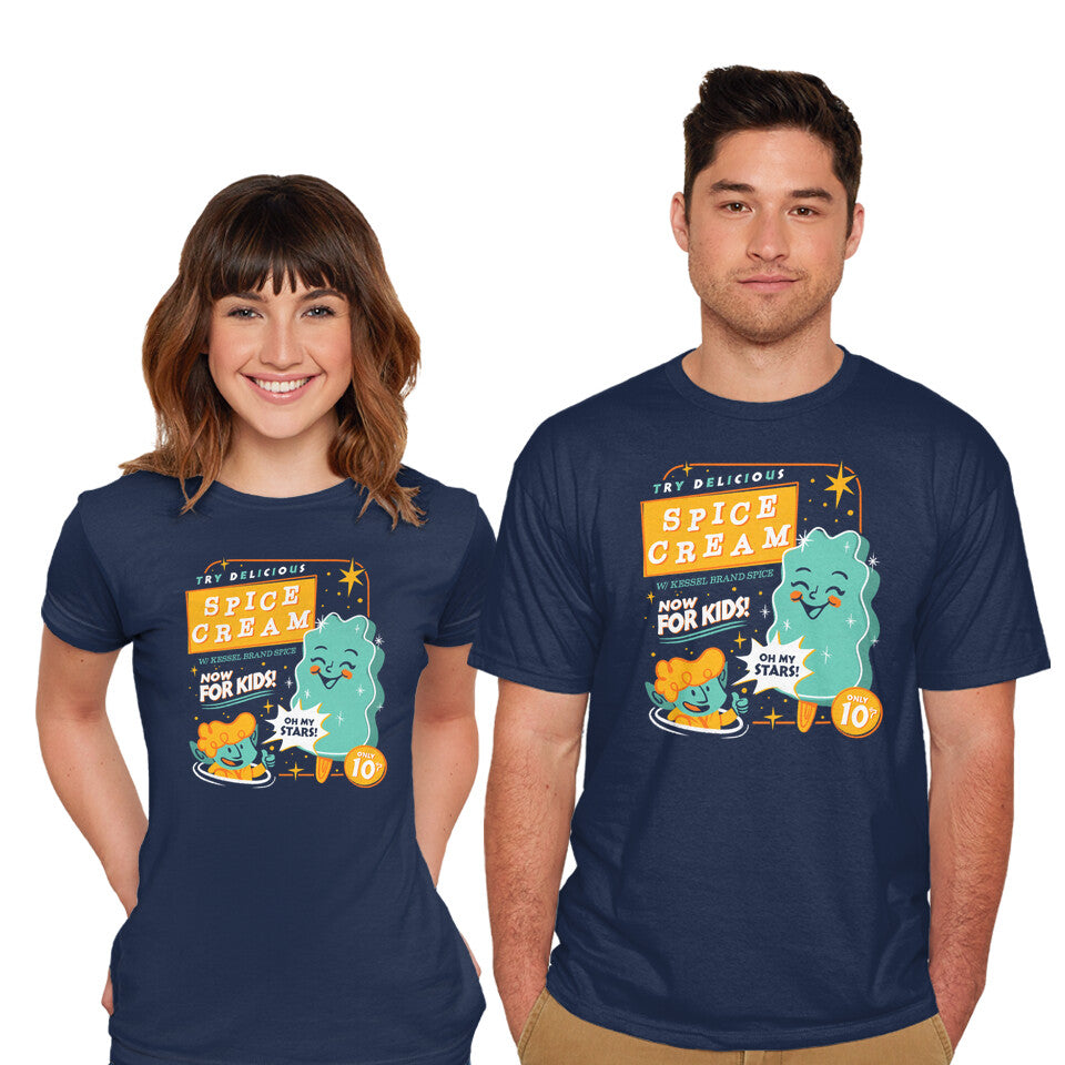 Model wearing navy Try Delicious Spice Cream – Sci-Fi Graphic T-Shirt