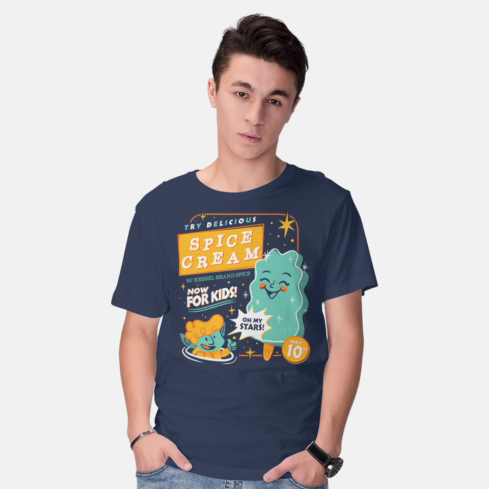 Model wearing navy Try Delicious Spice Cream – Sci-Fi Graphic T-Shirt