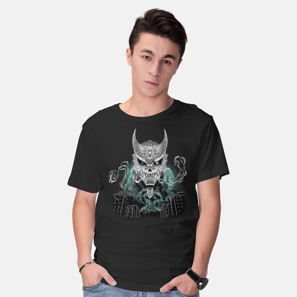 Model wearing black Kaiju No 8 – Anime Graphic T-Shirt