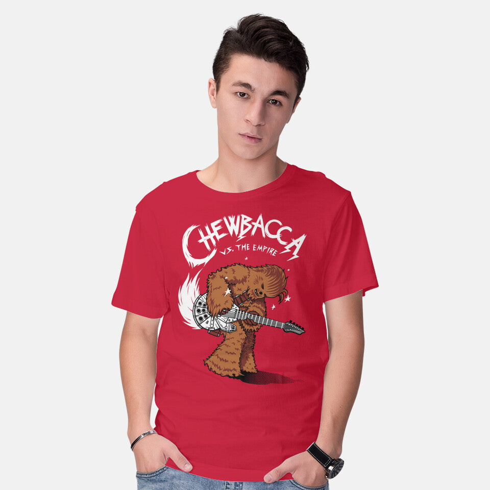 Model wearing red Epic Chewie – Sci-Fi Graphic T-Shirt