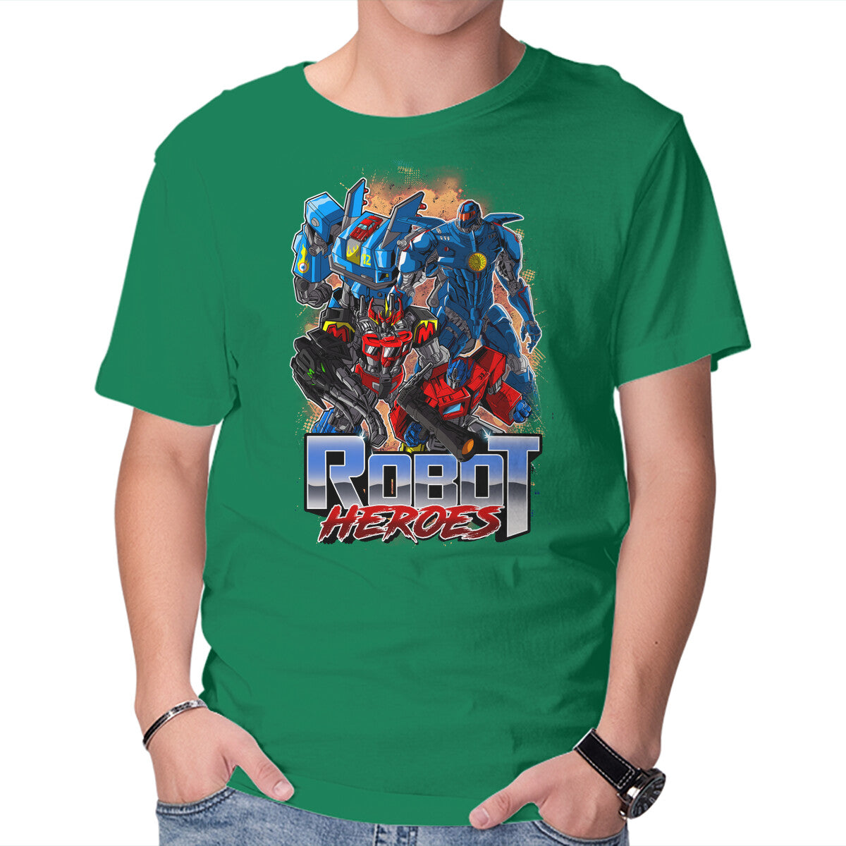 Robot Heroes – Sci-Fi Graphic T-Shirt in green, product display