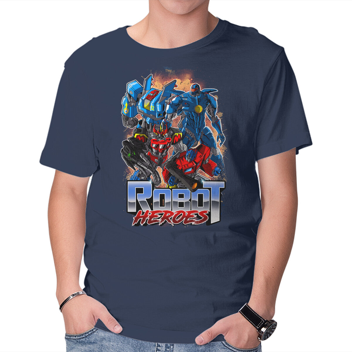Robot Heroes – Sci-Fi Graphic T-Shirt in navy, product display