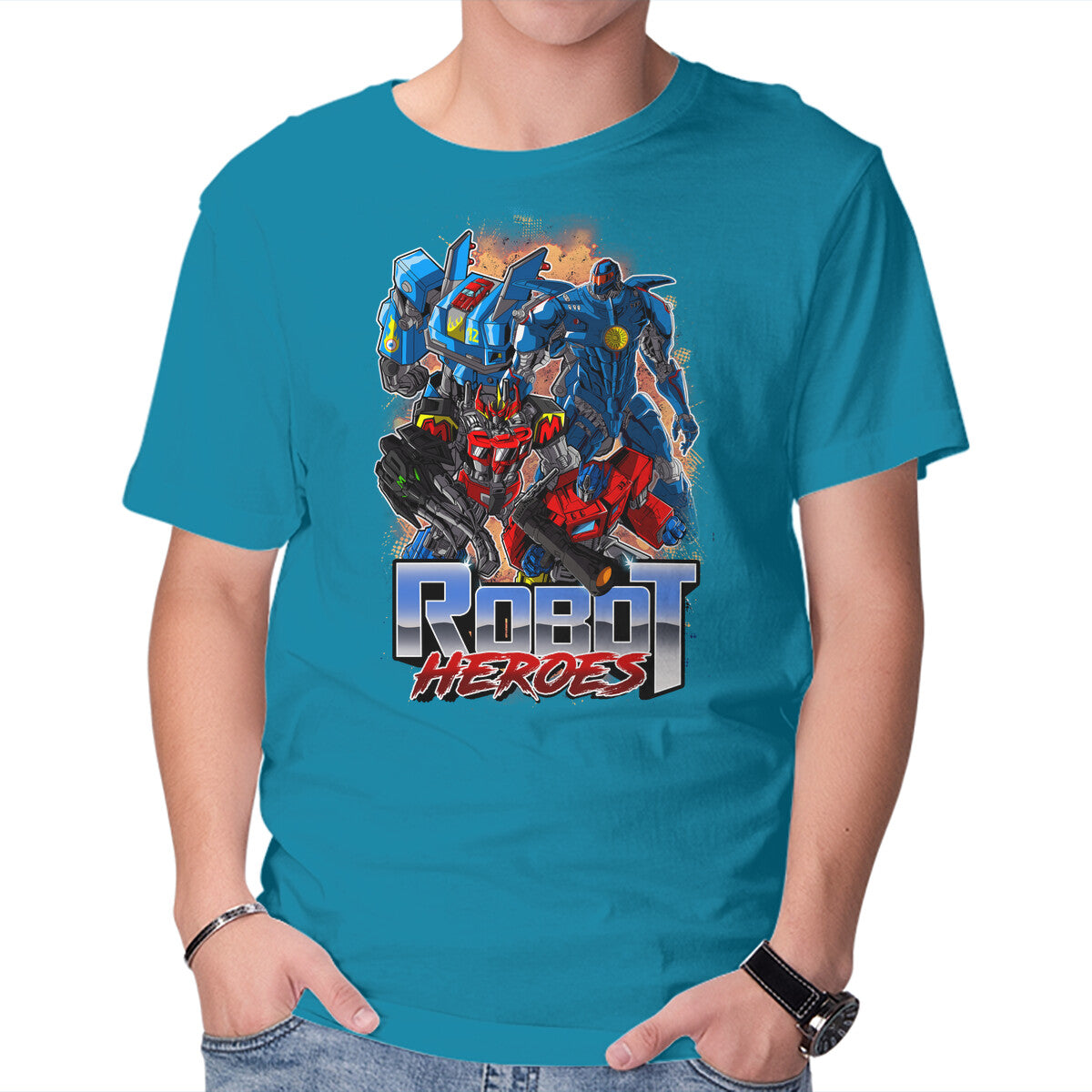 Robot Heroes – Sci-Fi Graphic T-Shirt in turquoise, product display