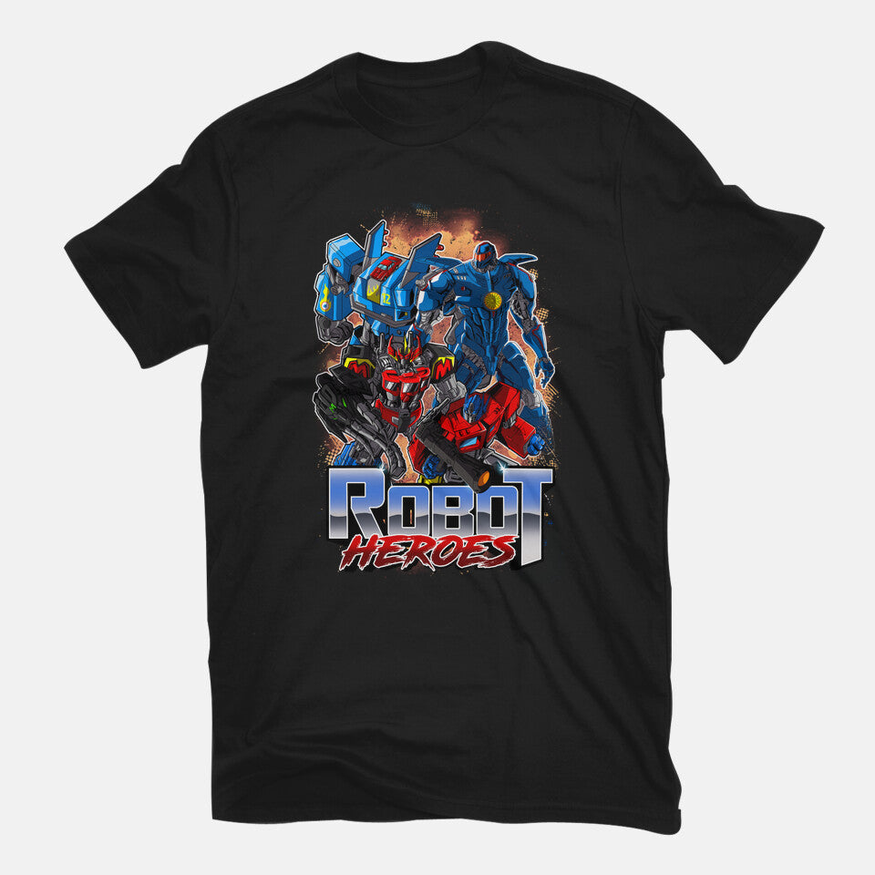 Robot Heroes – Sci-Fi Graphic T-Shirt in black, flat-lay product view