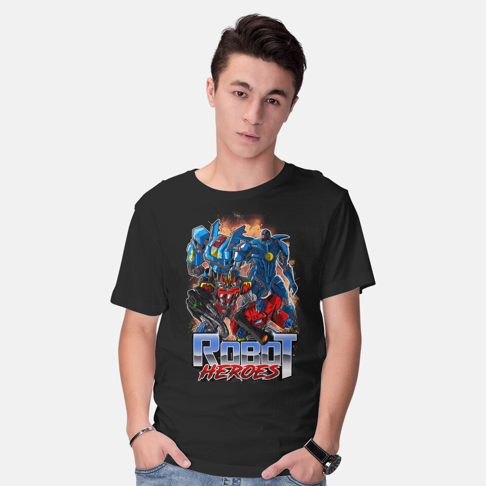 Model wearing black Robot Heroes – Sci-Fi Graphic T-Shirt