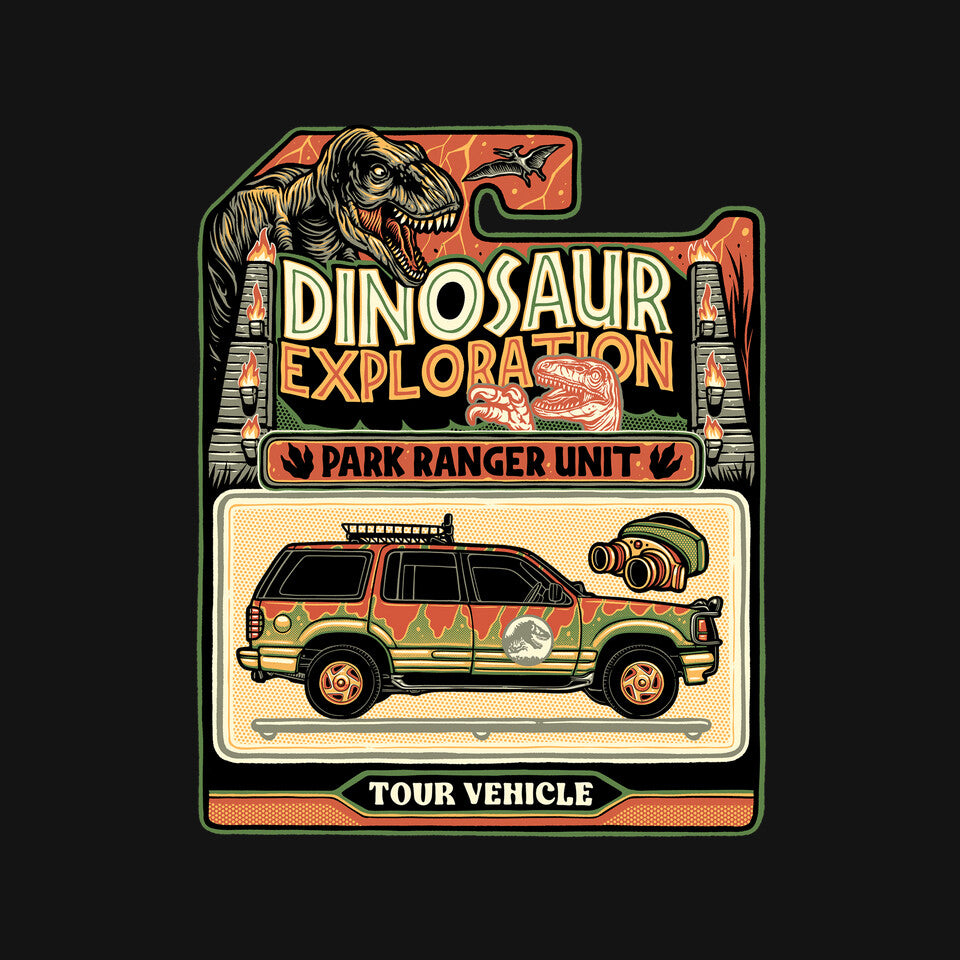 Dinosaur Exploration Vehicle – Movie Graphic T-Shirt design artwork for black graphic T-shirt