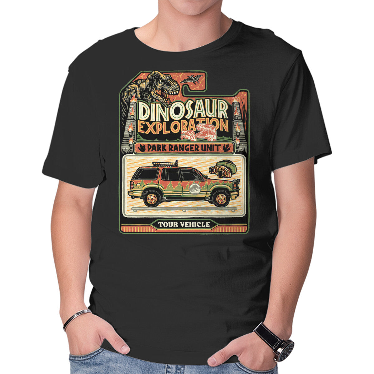 Dinosaur Exploration Vehicle – Movie Graphic T-Shirt in black, product display