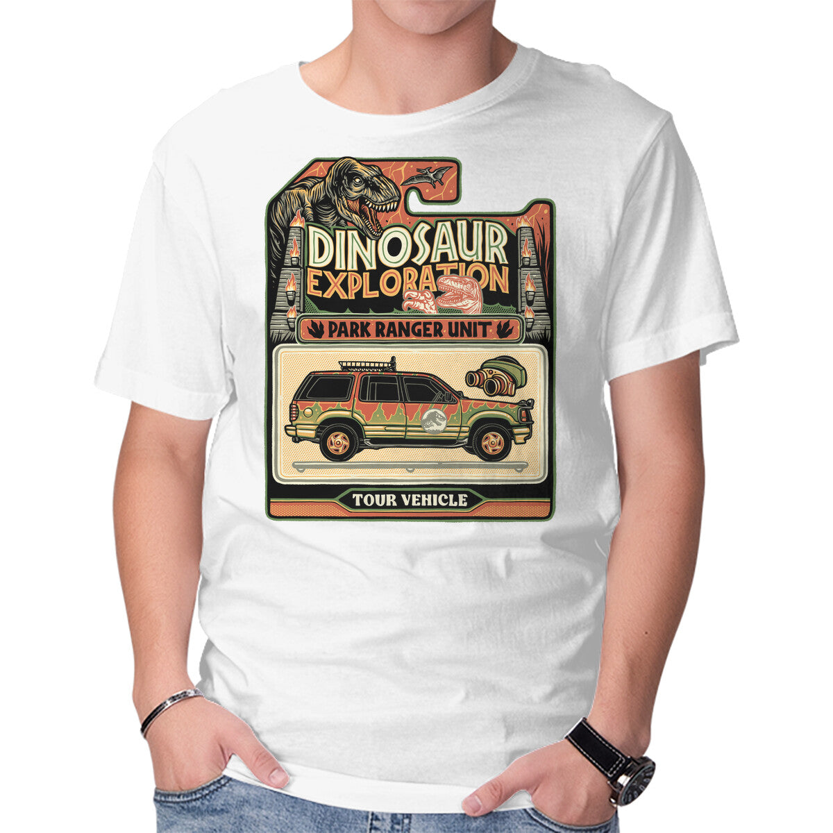 Dinosaur Exploration Vehicle – Movie Graphic T-Shirt in white, product display