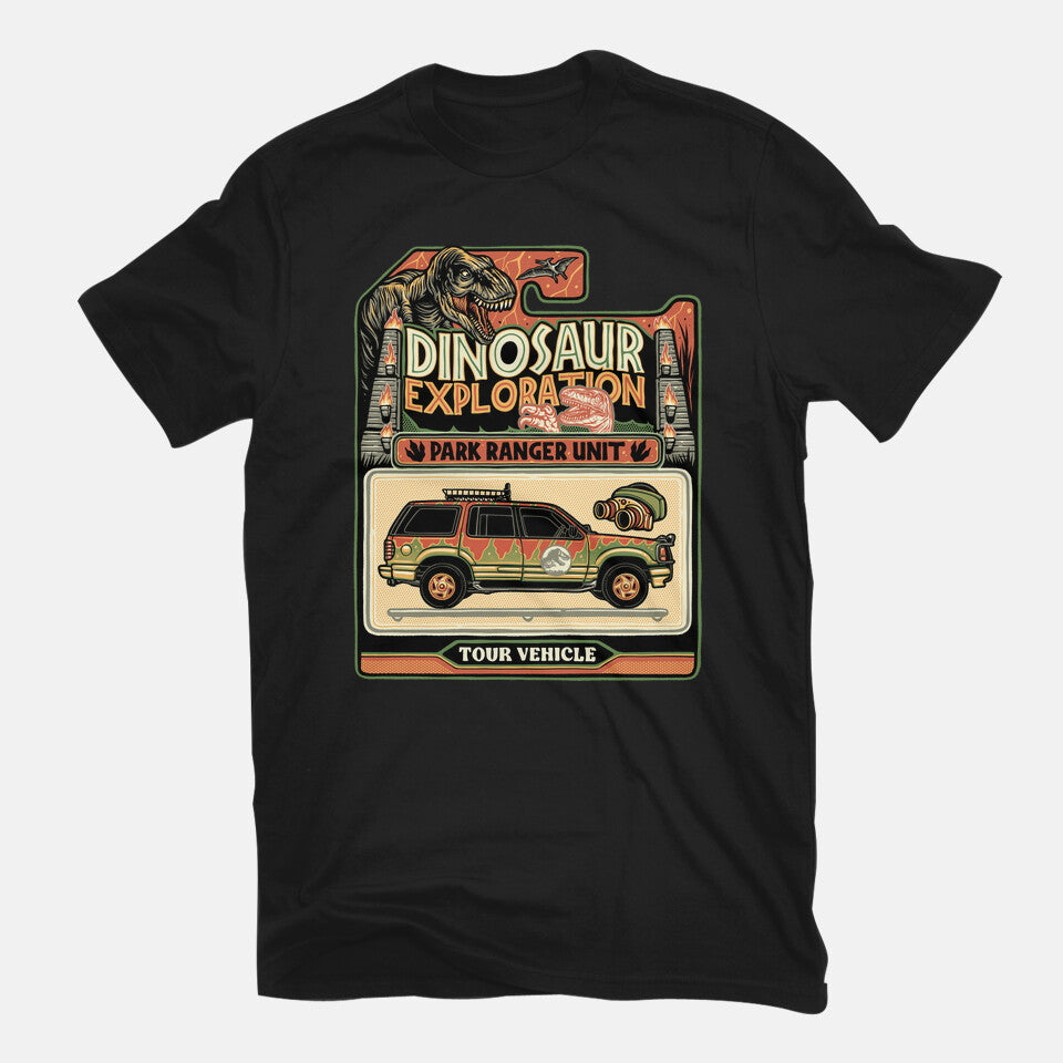 Dinosaur Exploration Vehicle – Movie Graphic T-Shirt in black, flat-lay product view
