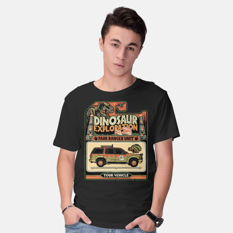 Model wearing black Dinosaur Exploration Vehicle – Movie Graphic T-Shirt