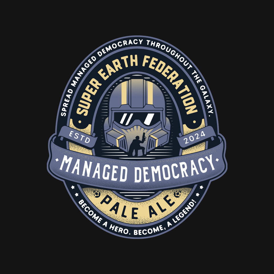 Democracy Exo Patriot Mech – Gaming Graphic T-Shirt design artwork for black graphic T-shirt