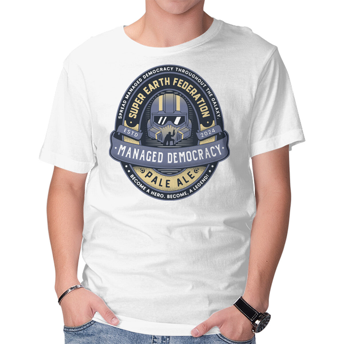 Democracy Exo Patriot Mech – Gaming Graphic T-Shirt in white, product display