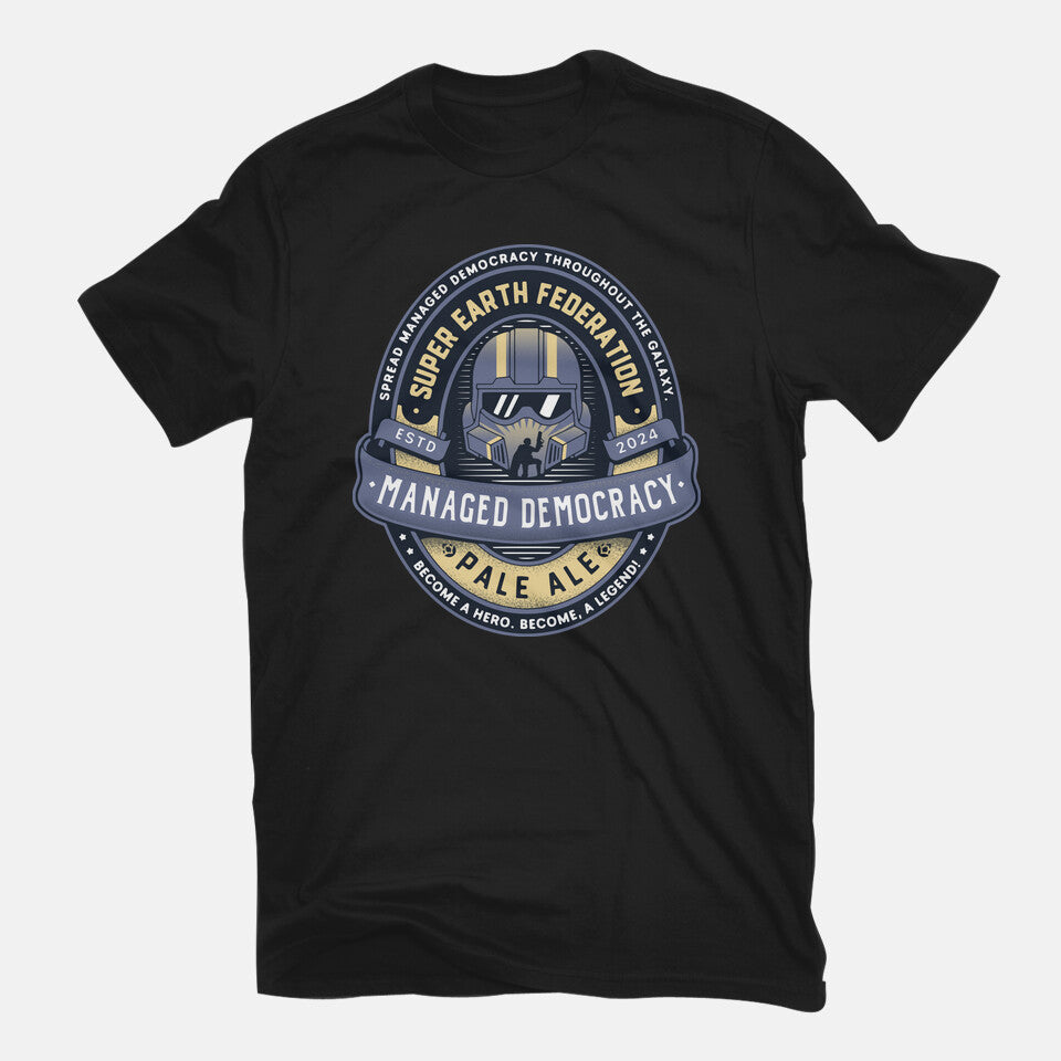 Democracy Exo Patriot Mech – Gaming Graphic T-Shirt in black, flat-lay product view