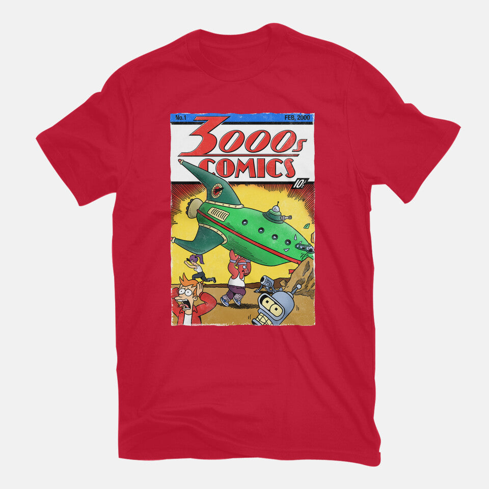 3000s Comics – Sci-Fi Graphic T-Shirt in red, flat-lay product view