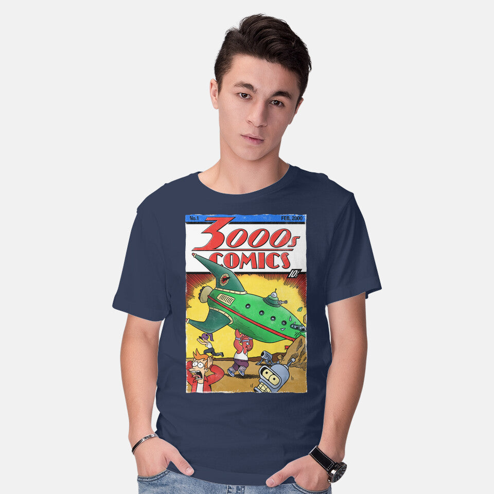 Model wearing navy 3000s Comics – Sci-Fi Graphic T-Shirt