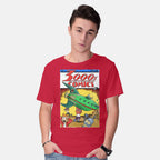 Model wearing red 3000s Comics – Sci-Fi Graphic T-Shirt