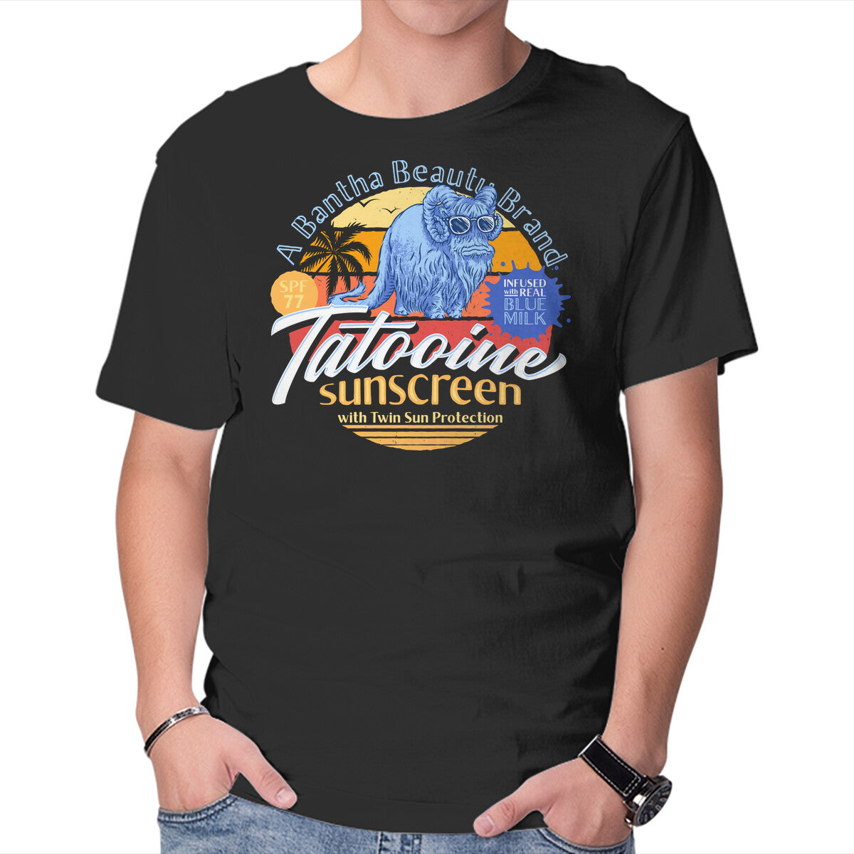 Tatooine Sunscreen – Sci-Fi Graphic T-Shirt in black, product display