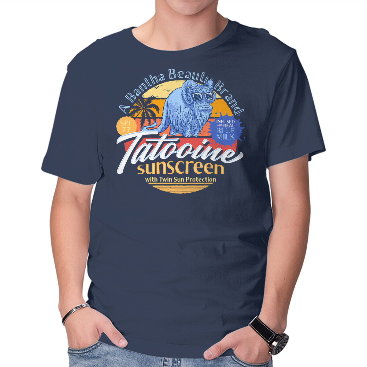 Tatooine Sunscreen – Sci-Fi Graphic T-Shirt in navy, product display