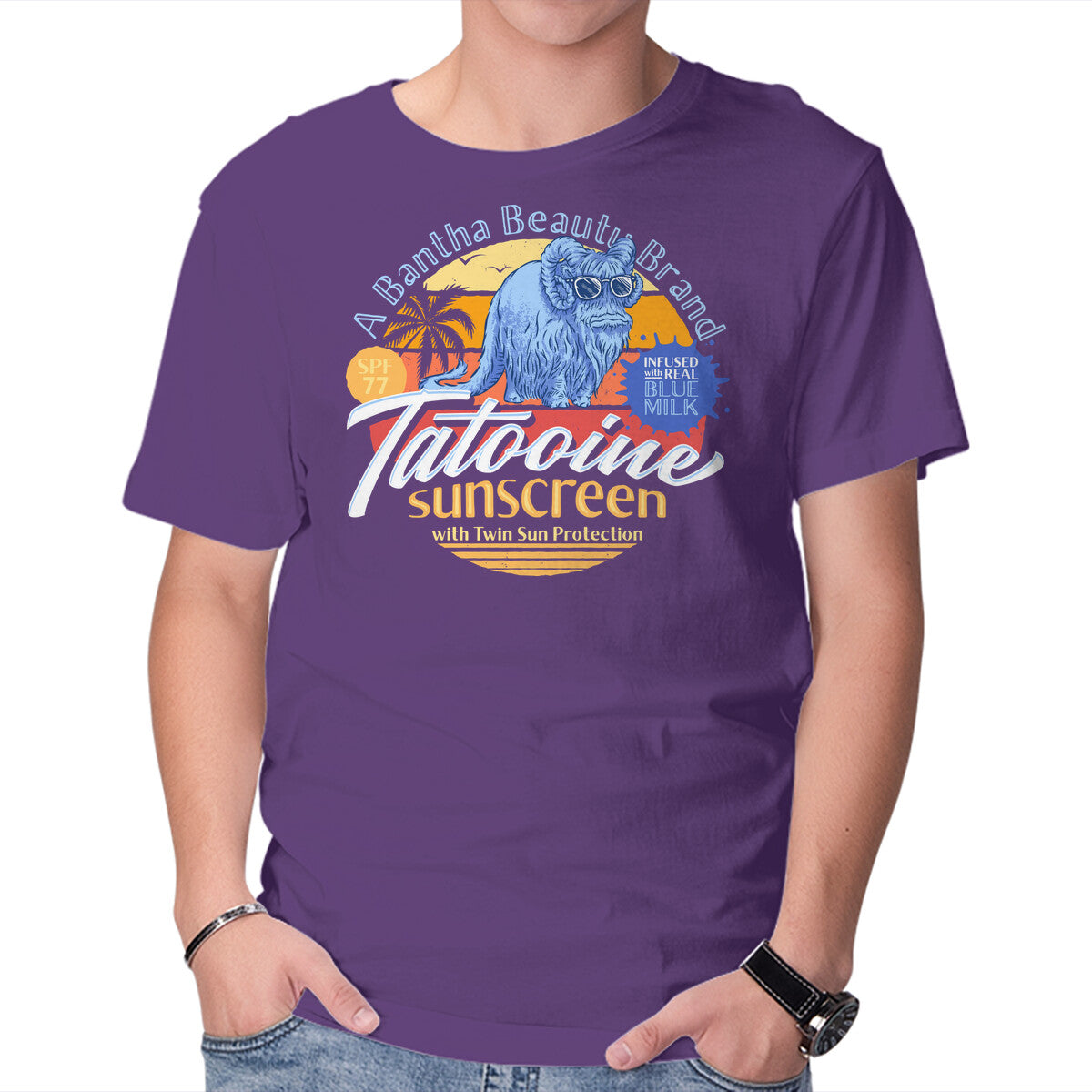 Tatooine Sunscreen – Sci-Fi Graphic T-Shirt in purple, product display