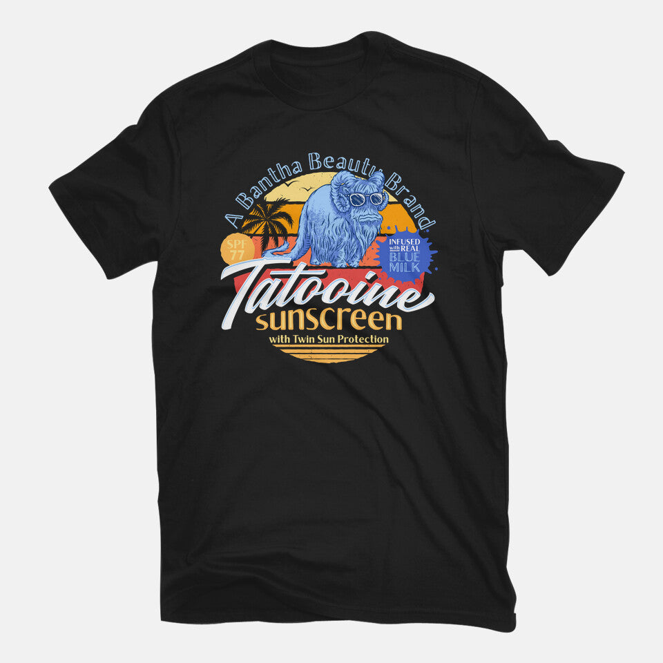 Tatooine Sunscreen – Sci-Fi Graphic T-Shirt in black, flat-lay product view