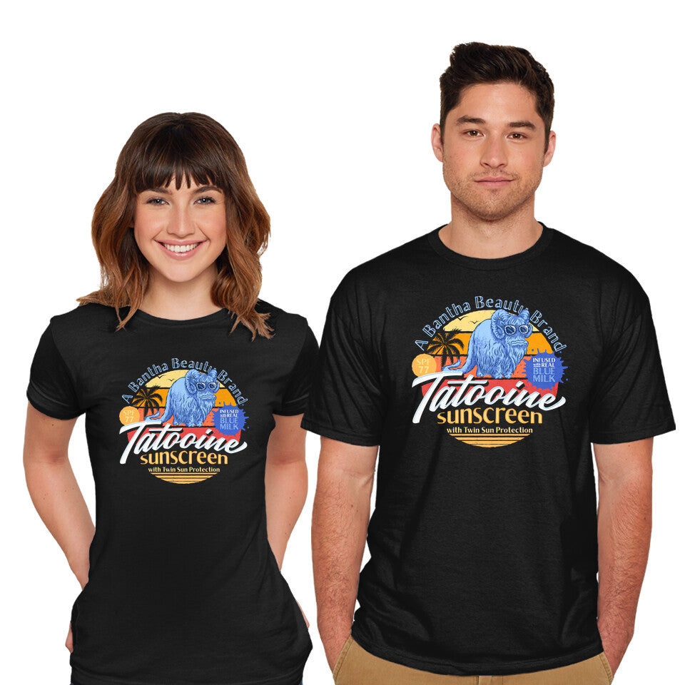 Model wearing black Tatooine Sunscreen – Sci-Fi Graphic T-Shirt