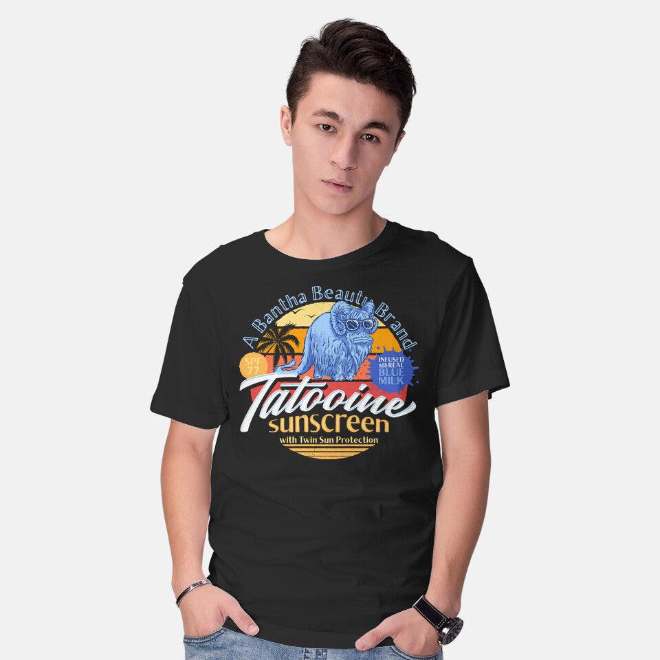Model wearing black Tatooine Sunscreen – Sci-Fi Graphic T-Shirt