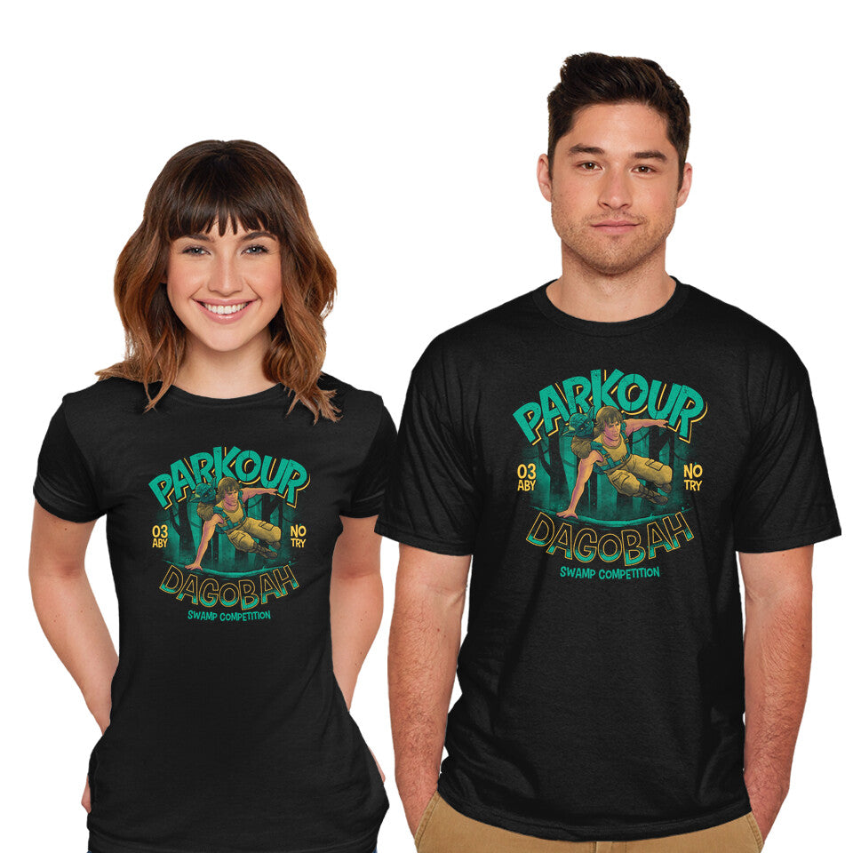 Model wearing black Parkour Dagobah – Sci-Fi Graphic T-Shirt