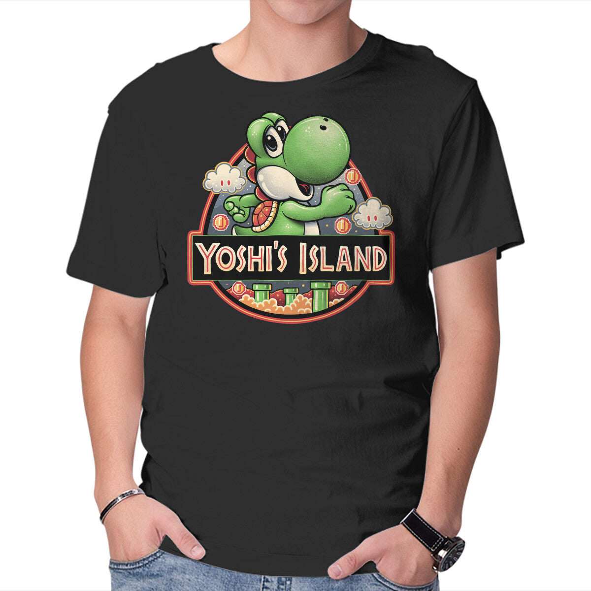 Green Dinosaur Island – Gaming Graphic T-Shirt in black, product display