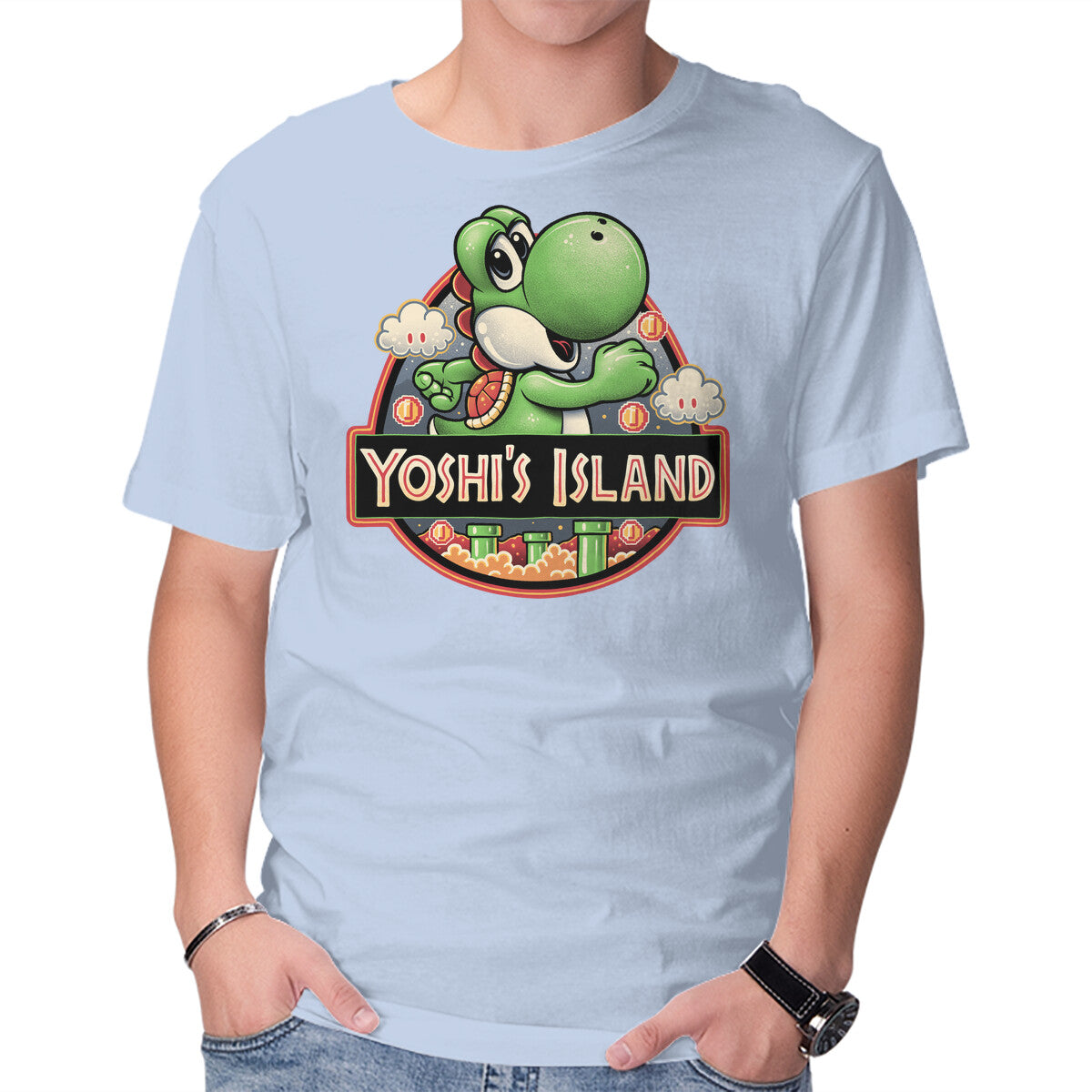 Green Dinosaur Island – Gaming Graphic T-Shirt in blue, product display