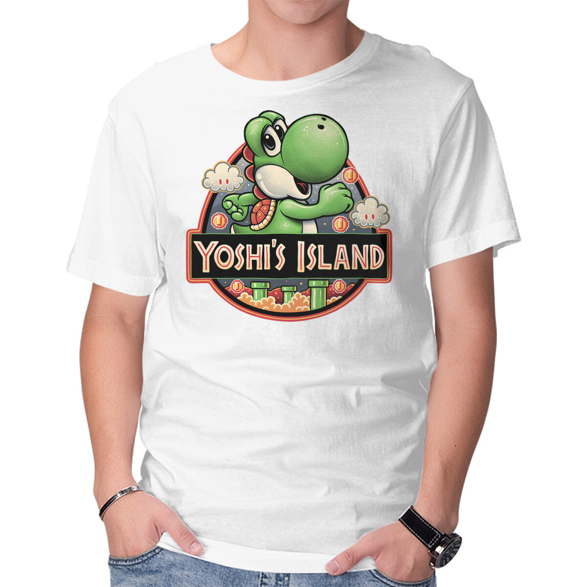 Green Dinosaur Island – Gaming Graphic T-Shirt in white, product display