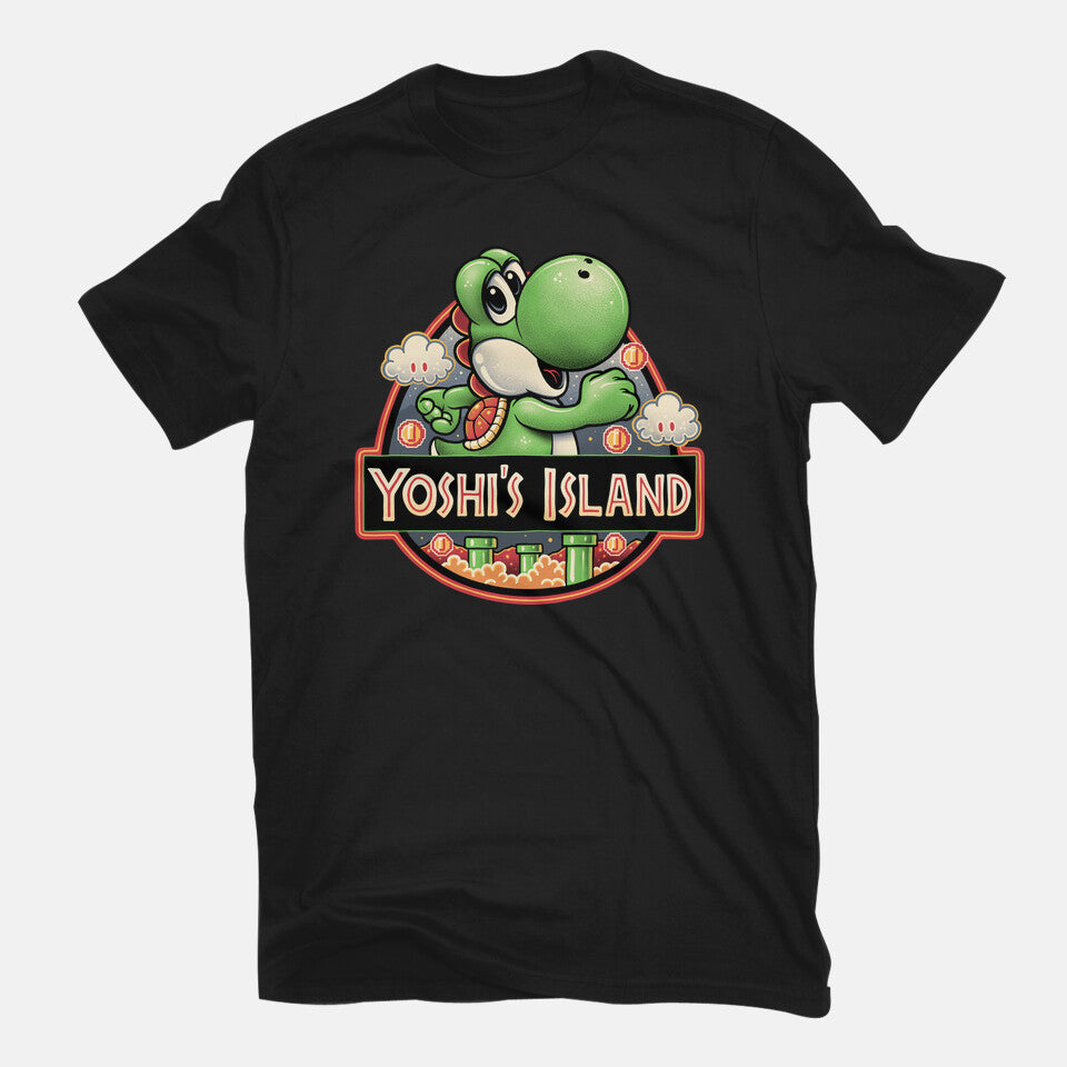 Green Dinosaur Island – Gaming Graphic T-Shirt in black, flat-lay product view