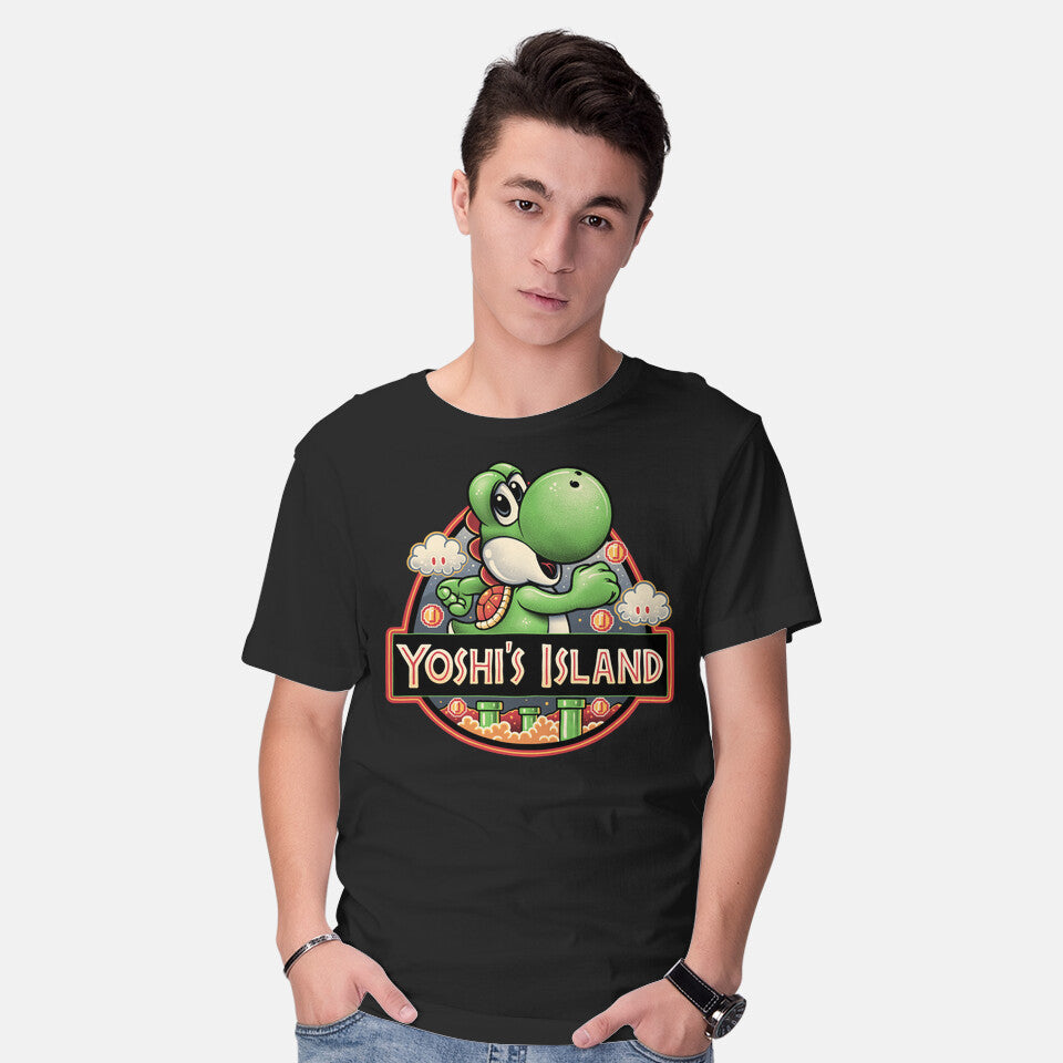 Model wearing black Green Dinosaur Island – Gaming Graphic T-Shirt