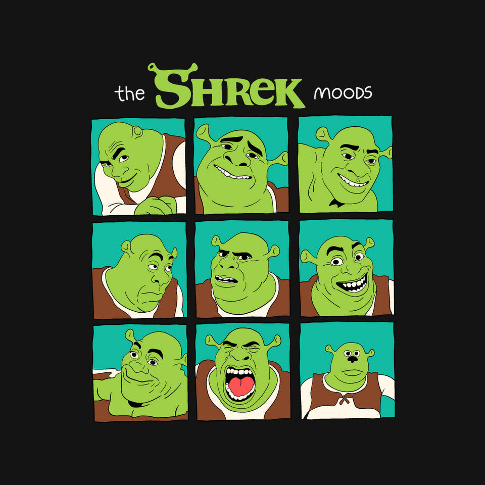 The Shrek Moods – Movie Graphic T-Shirt design artwork for black graphic T-shirt