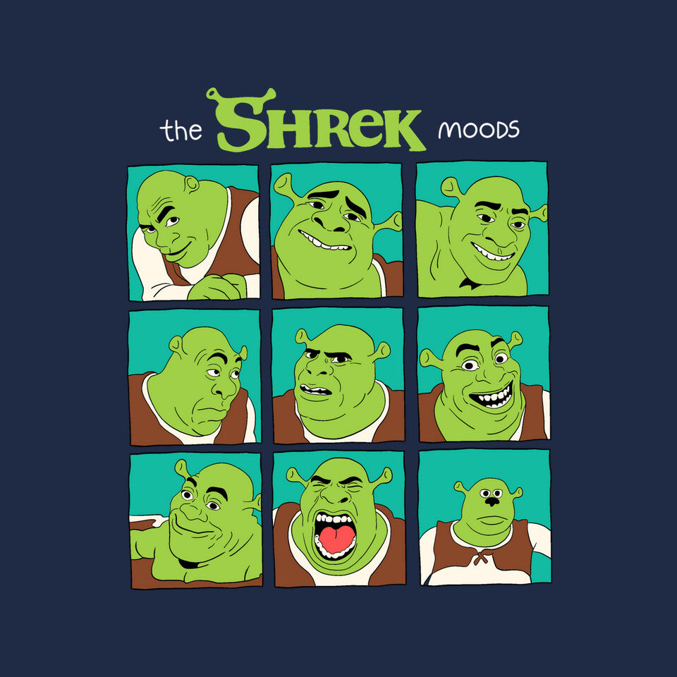 The Shrek Moods – Movie Graphic T-Shirt design artwork for navy graphic T-shirt