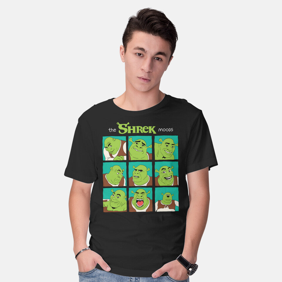 Model wearing black The Shrek Moods – Movie Graphic T-Shirt
