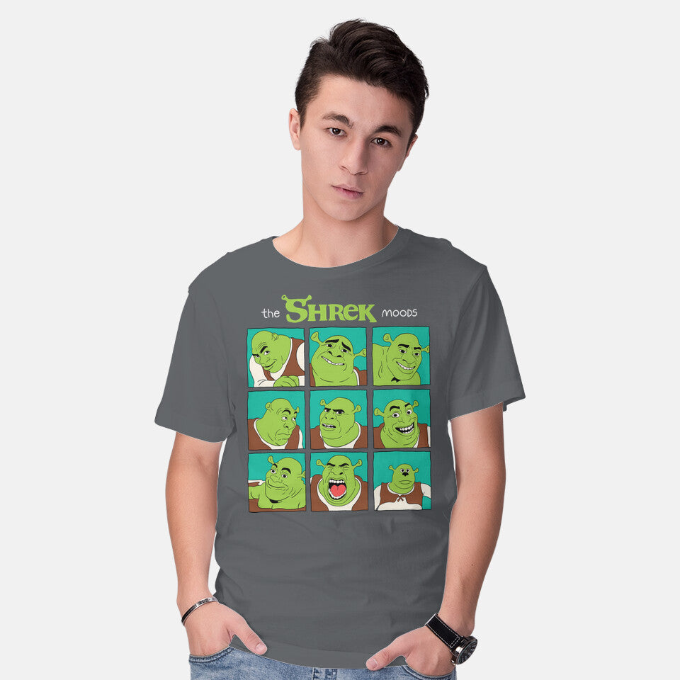 Model wearing charcoal The Shrek Moods – Movie Graphic T-Shirt