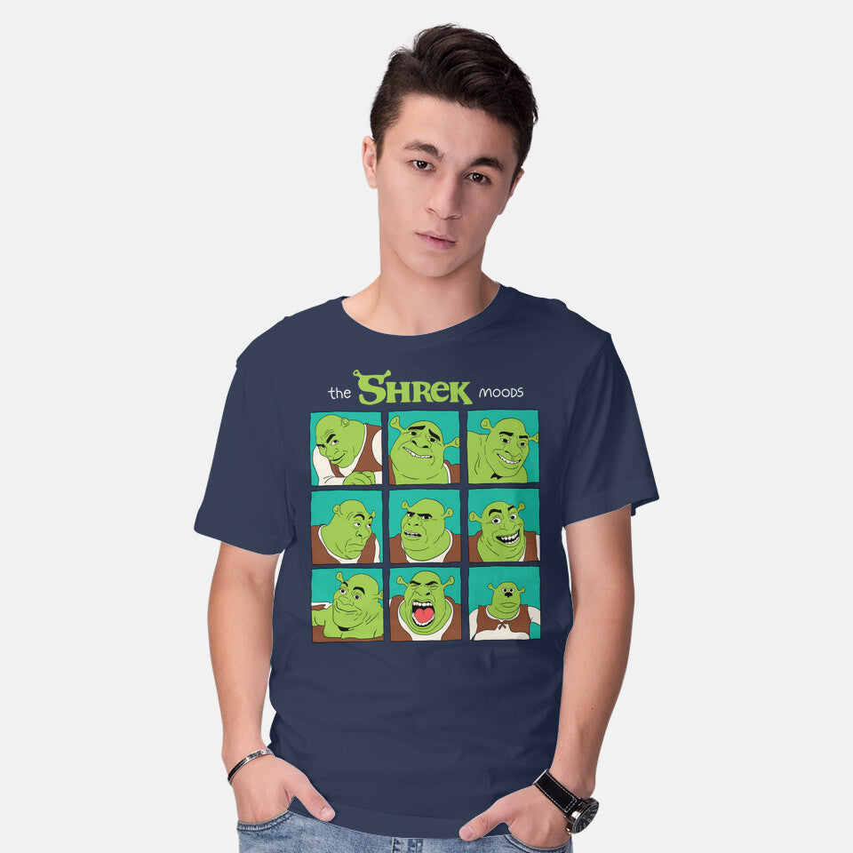 Model wearing navy The Shrek Moods – Movie Graphic T-Shirt