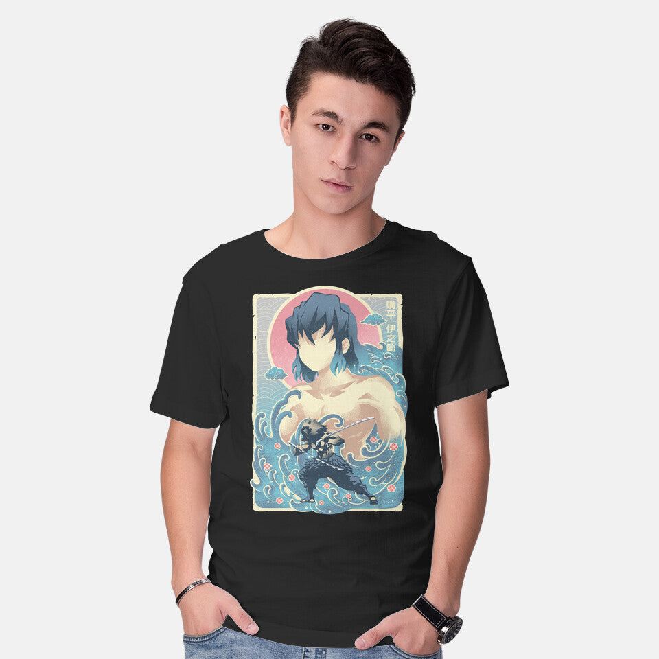 Model wearing black Great Wave Inosuke – Anime Graphic T-Shirt