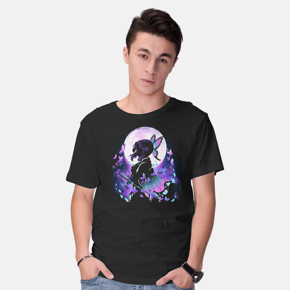 Model wearing black Master Butterflies – Anime Graphic T-Shirt