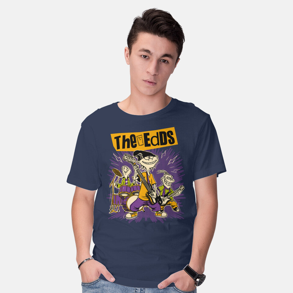 Model wearing navy Cartoon Rock Band – Music Graphic T-Shirt