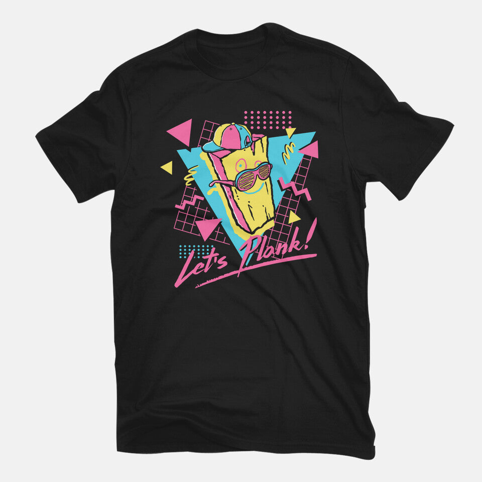 Let's Plank – Funny Graphic T-Shirt in black, flat-lay product view